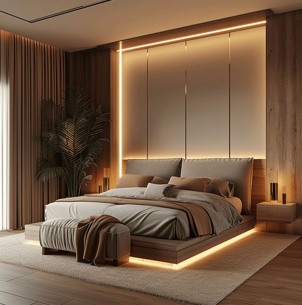 Minimalist bedroom with natural materials and soft lighting