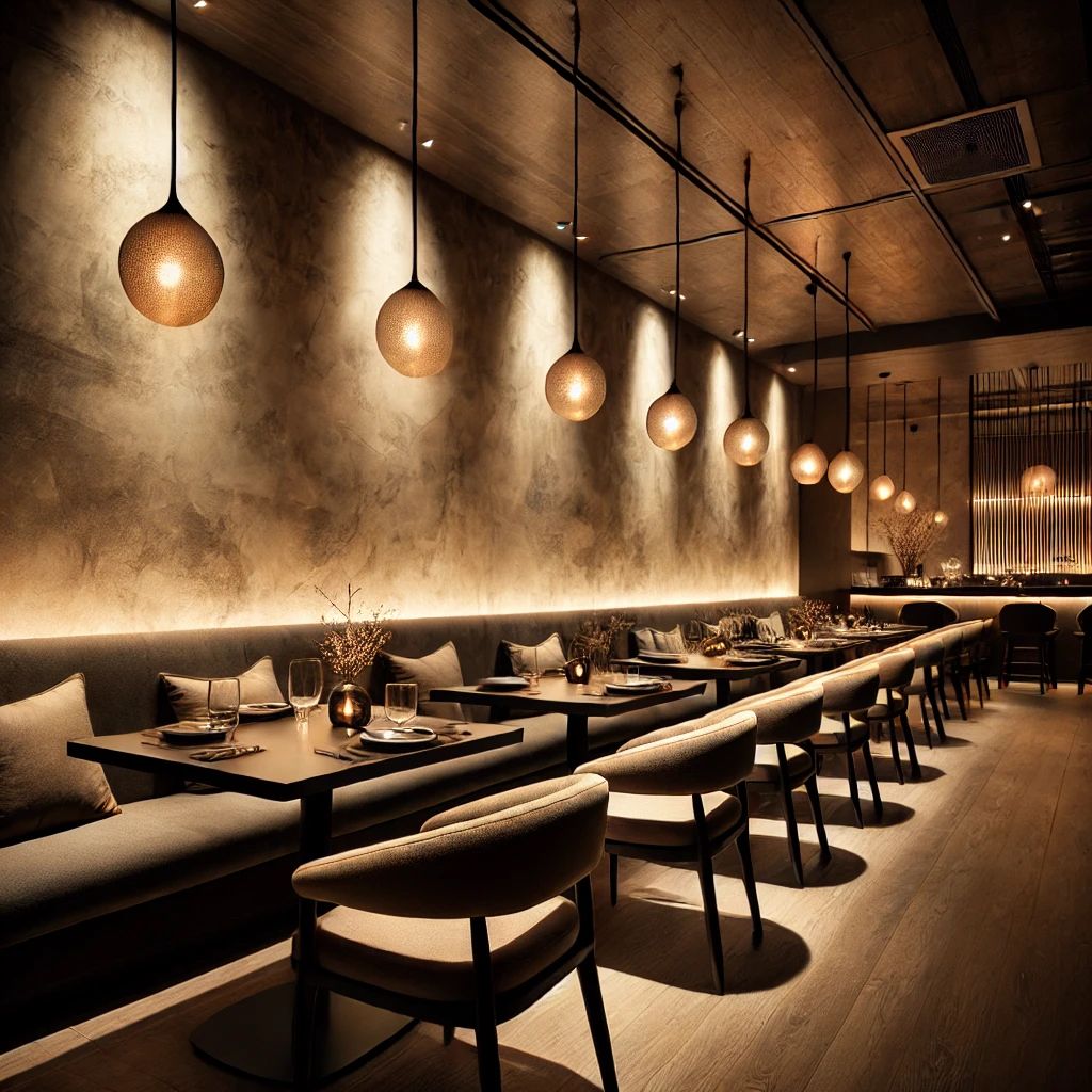 Boutique restaurant interior with warm lighting and luxurious finishes